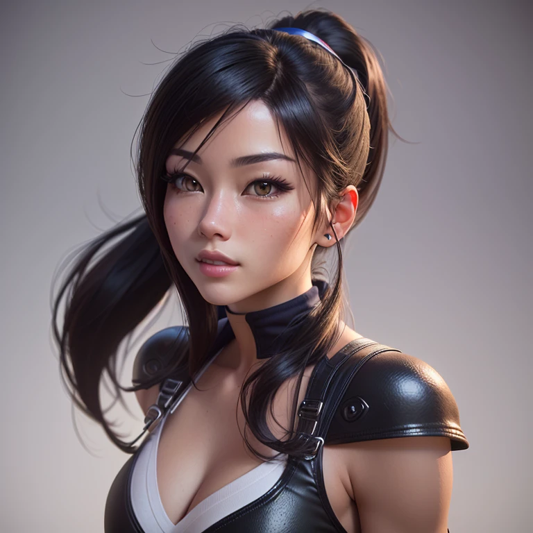 There is a woman with a ponytail and a black top, Photorealistic anime girl rendering, Highly detailed characters, render of a cute 3D Animation, 3D Anime Real, Anime-style 3D, April Rendering, Close-up Character, 3D Animation, Has a very detailed face, Portrait of Chun-Li, Masuimi Max, Tifa