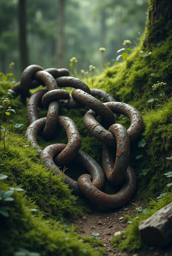 A set of thick, old, rusty chains, worn by erosion and weather, lie on the grass in the middle of the forest, almost completely covered by grass and mold; a masterpiece