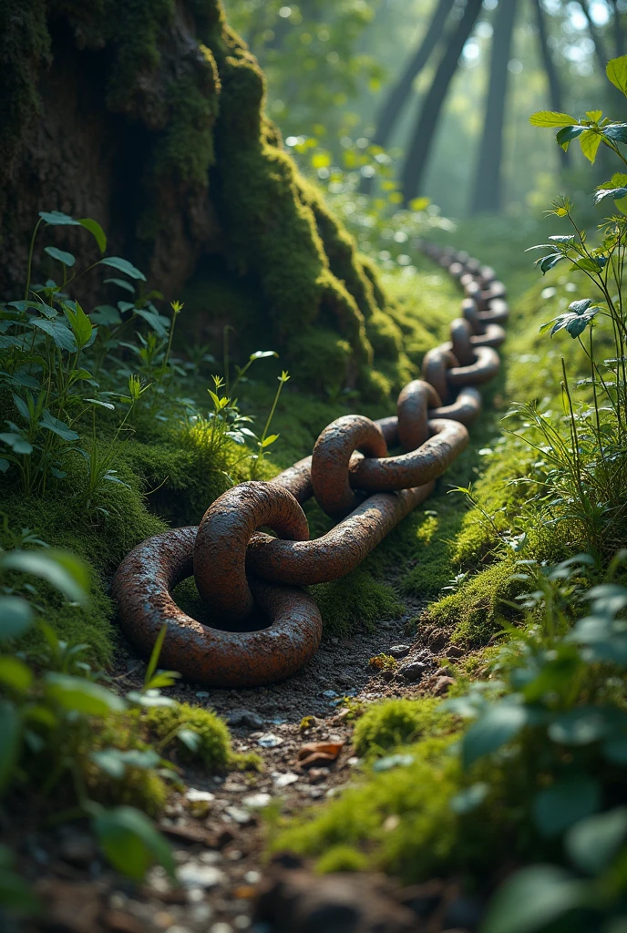 A set of thick, old, rusty chains, worn by erosion and weather, lie on the grass in the middle of the forest, almost completely covered by grass and mold; a masterpiece