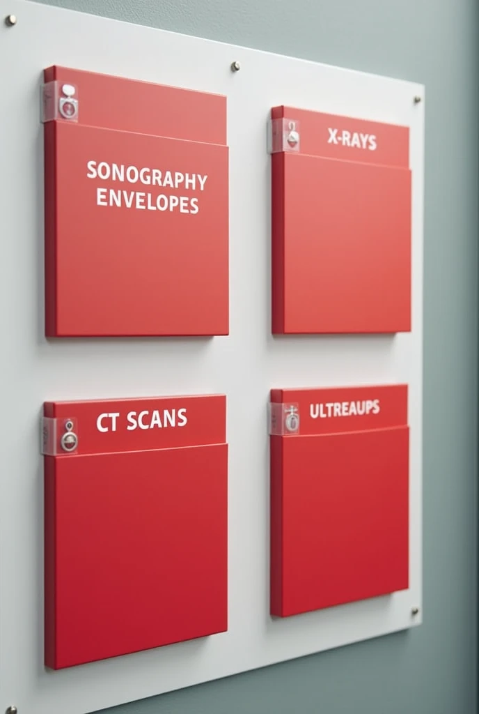 A sign to put up at the nursing station, containing 4 red spaces to put sonography envelopes, X-rays, ultrasounds and CT scans, and a neutral colored background paper 