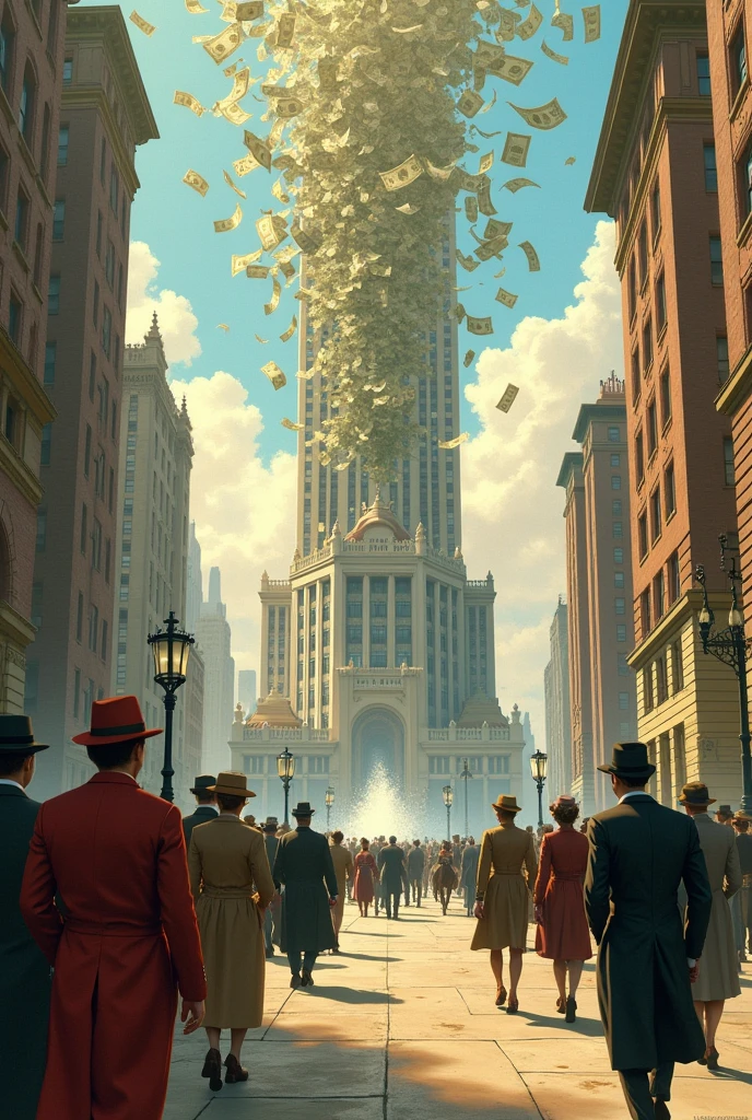 Money flying from the top of a building and people walking below image from 1900