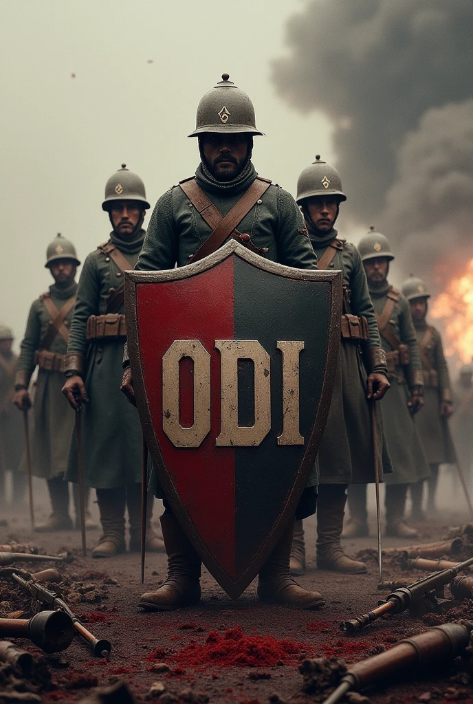 Shield with the name ODI in capital letters, in a war environment with soldiers from the First World War behind, horses and weapons, blood and explosions