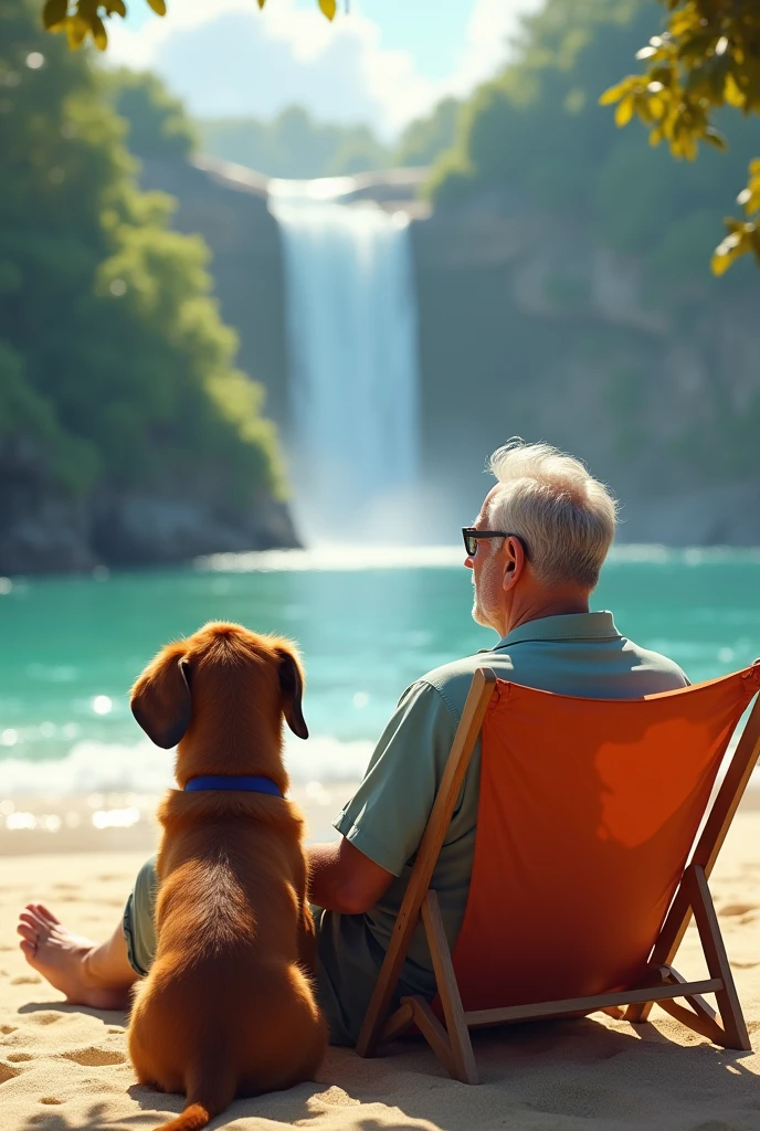 I am a stocky middle aged man with my caramel colored furry dachshund dog sitting on the beach chair at the waterfall looking at the horizon 