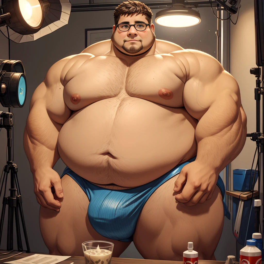 Full shot photo, American high school Obese kid student, Huge obese Sumo Wrestler, obese, obese face, obese arms, obese legs, nerd, admiring his huge body, broken glasses, He is taking a protein shake that causes his body to start growing, swelling and gaining a lot of weight and muscle as part of an experiment, in a photo studio, All body, detailed face, detailed eyes, detailed nose, defined face, big belly, high resolution settings, Whismical model, detailed eyes, detailed hands