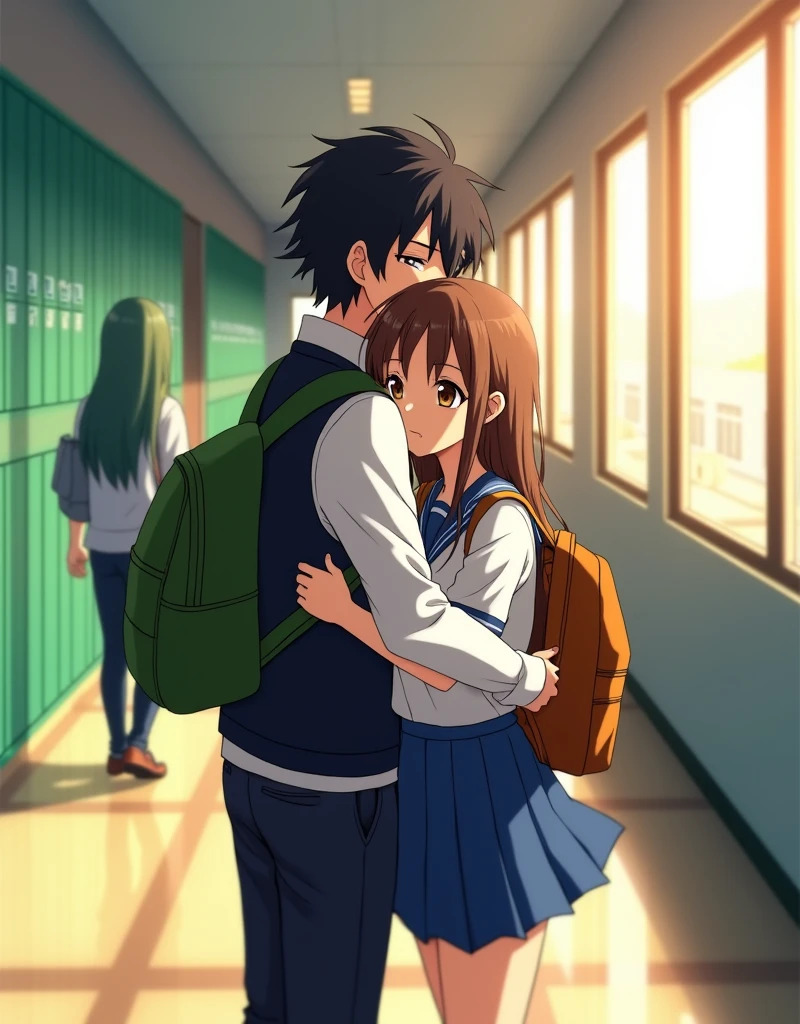 Create a anime style landscape image. Detailed and vibrant anime-style illustration set in a high school hallway. The layout features a corridor with green lockers on the left and large windows on the right, allowing warm sunlight to flood the scene. The main subjects are two students in the foreground, a boy and a girl, embracing each other. The boy has tousled dark hair and wears a white shirt with rolled-up sleeves and a dark vest, carrying a green backpack. The girl has long brown hair, a blue and white school uniform, and a brown backpack. In the background, ther student with green hair and a casual outfit walks towards them, while a fourth student, a girl with long hair, walks away from the scene. The overall mood is emotional and tender, capturing a moment of comfort and support.