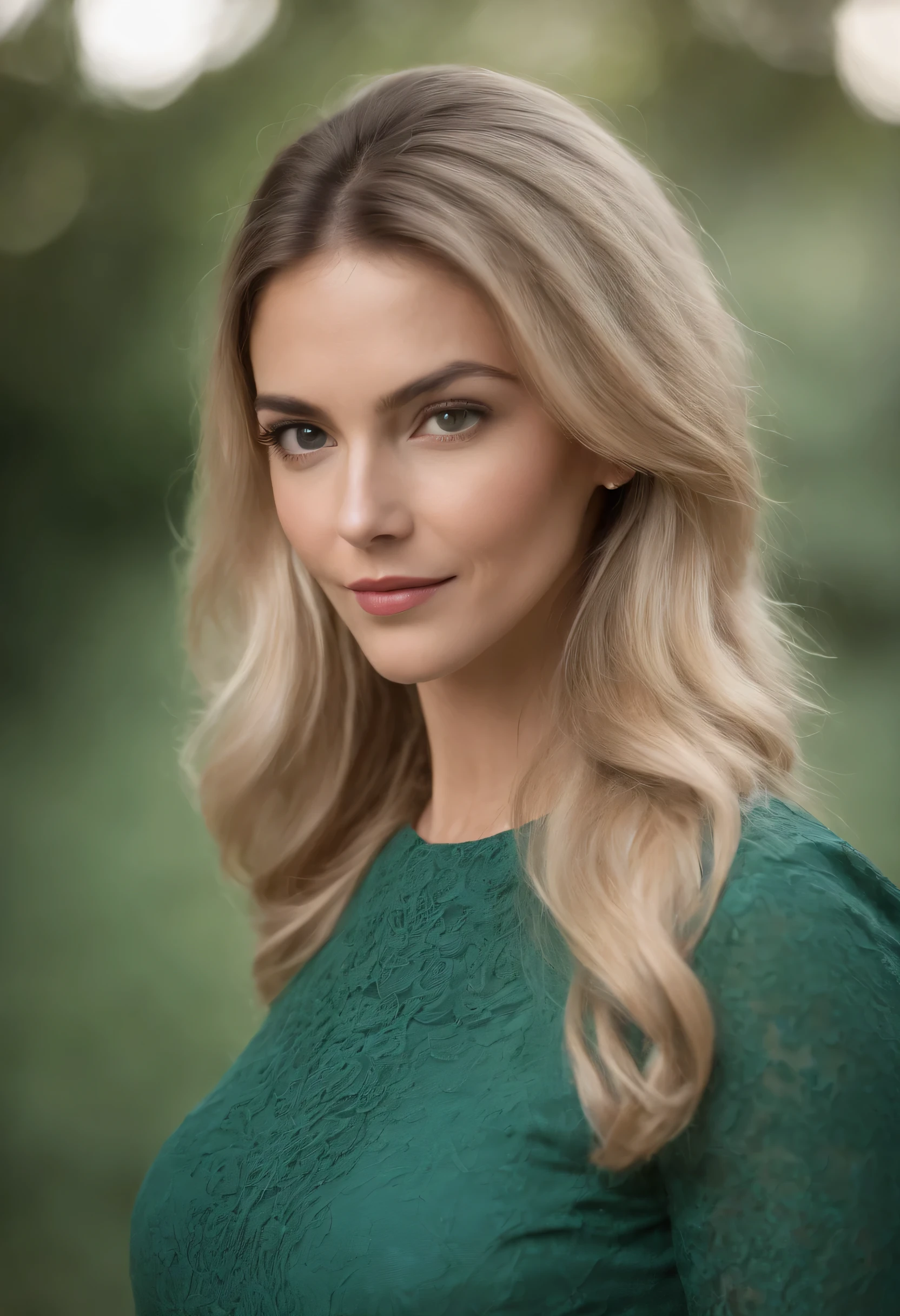 blonde teacher, white blouse, greenery background, long hair, perfects eyes, perfect mouth, profile teacher, 3x4 profile, shiny blonde, focusing