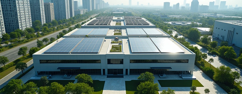 CREATE AN AERIAL PHOTO TAKEN BY DRONE, FROM AN ECO-SUSTAINABLE FOOTWEAR FACTORY VIEWED FROM ABOVE, THE LOCATION MUST BE LARGE IN AN URBAN SPACE