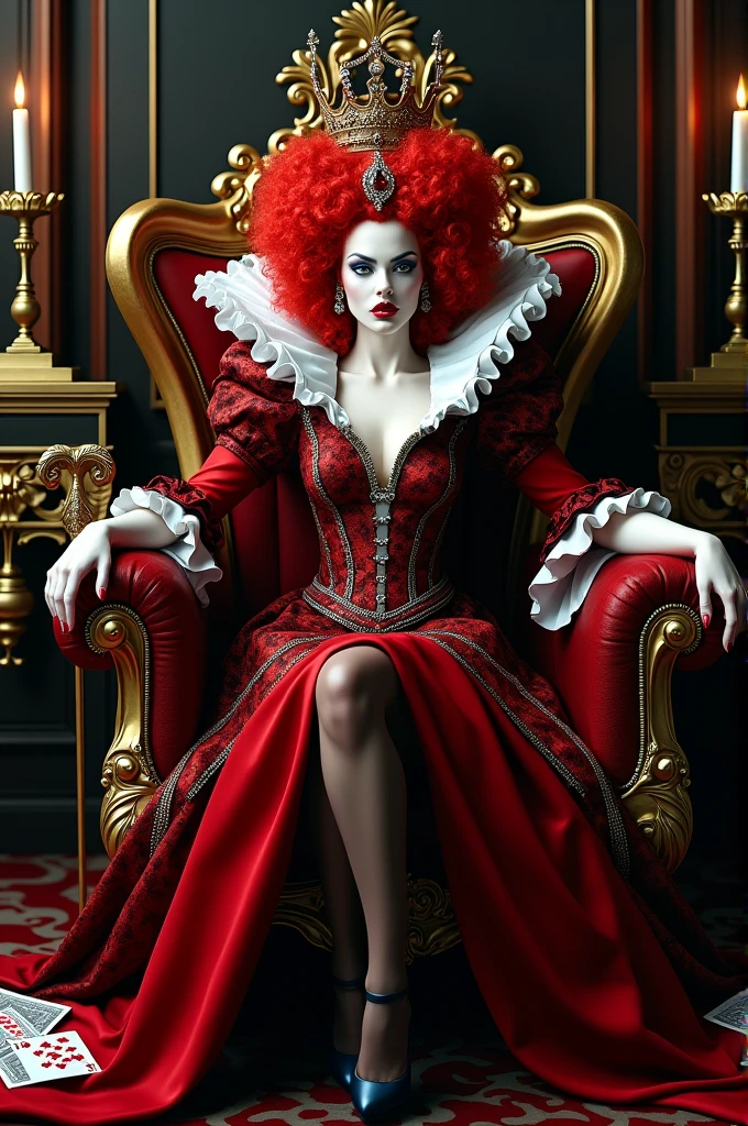 （Red curly hair），Queen，Queen Clothing，Holding a love staff，Red lipstick，(the red queen，Disney Villains)，Big Head，Pale skin，Villains，Sitting on the throne，accessories，poker，Blue Eyeshadow