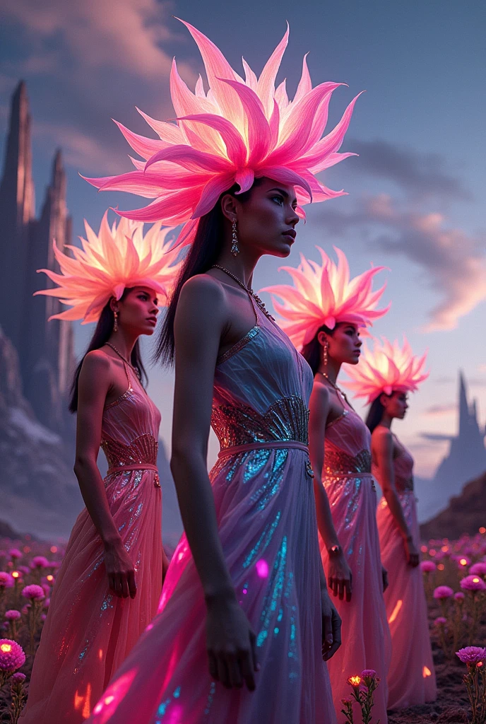 A photorealistic 4K cinematic image featuring a group of fearless women dressed in striking, surreal outfits that blend vibrant, textured fabrics with bold, magical flower crowns. The crowns are large and imposing, made of glowing blossoms and sharp, iridescent petals, adorned with bioluminescent leaves that create a dynamic, otherworldly aura.

Their outfits are crafted from futuristic fabrics that ripple and shift with light, incorporating surreal textures like flowing petals, organic patterns, and metallic leaves. The designs feature intense colors and intricate details, making each woman appear as a powerful embodiment of nature and technology.

The setting is a vast, futuristic landscape where towering, luminescent plants and massive, glowing flowers rise from the ground. The sky is a swirling mix of deep purples and fiery oranges, adding drama and intensity to the scene. In the distance, futuristic mountains with crystalline structures and floating islands add to the surreal atmosphere.

The landscape behind the women is clearly visible, with rolling hills covered in vibrant, bioluminescent foliage and towering trees with shimmering bark. The ground beneath them is a mix of reflective surfaces and blooming flowers that seem to pulse with life. Holographic elements float in the air, casting a surreal glow over the entire scene.

The lighting is dramatic, with sharp contrasts and vibrant highlights that emphasize the fierce expressions and powerful stances of the women. The overall atmosphere is one of strength and surreal beauty, capturing a cinematic moment in a futuristic, otherworldly realm.

[Lighting: Dramatic with sharp contrasts and vibrant highlights] [Camera: Wide-angle shot capturing both the women and the landscape] [Resolution: 4k, hyper-realistic] [Style: Surreal fashion, futuristic landscape, cinematic drama] [Inspiration: High fashion, Surreal nature, Powerful aesthetics].
