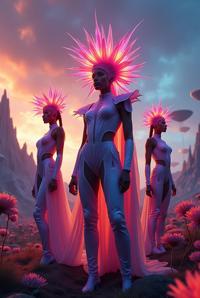 A photorealistic 4K cinematic image featuring a group of fearless women dressed in striking, surreal outfits that blend vibrant, textured fabrics with bold, magical flower crowns. The crowns are large and imposing, made of glowing blossoms and sharp, iridescent petals, adorned with bioluminescent leaves that create a dynamic, otherworldly aura.

Their outfits are crafted from futuristic fabrics that ripple and shift with light, incorporating surreal textures like flowing petals, organic patterns, and metallic leaves. The designs feature intense colors and intricate details, making each woman appear as a powerful embodiment of nature and technology.

The setting is a vast, futuristic landscape where towering, luminescent plants and massive, glowing flowers rise from the ground. The sky is a swirling mix of deep purples and fiery oranges, adding drama and intensity to the scene. In the distance, futuristic mountains with crystalline structures and floating islands add to the surreal atmosphere.

The landscape behind the women is clearly visible, with rolling hills covered in vibrant, bioluminescent foliage and towering trees with shimmering bark. The ground beneath them is a mix of reflective surfaces and blooming flowers that seem to pulse with life. Holographic elements float in the air, casting a surreal glow over the entire scene.

The lighting is dramatic, with sharp contrasts and vibrant highlights that emphasize the fierce expressions and powerful stances of the women. The overall atmosphere is one of strength and surreal beauty, capturing a cinematic moment in a futuristic, otherworldly realm.

[Lighting: Dramatic with sharp contrasts and vibrant highlights] [Camera: Wide-angle shot capturing both the women and the landscape] [Resolution: 4k, hyper-realistic] [Style: Surreal fashion, futuristic landscape, cinematic drama] [Inspiration: High fashion, Surreal nature, Powerful aesthetics].
