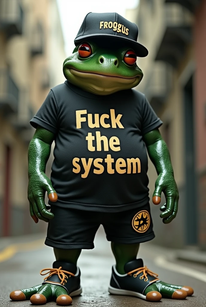 a black frog, humanoid, wearing a cap with 'Froggus' embossed on it, uma T-shirt com a frase 'Fuck The System' escrita, shorts and sneakers.Furthermore, the frog is chubby and a basketball fan