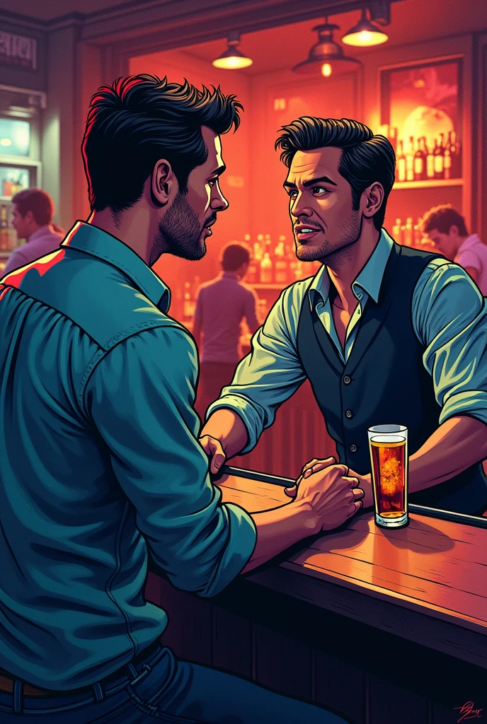 drawn in the form of a colored drawing, a man saying something to a bartender