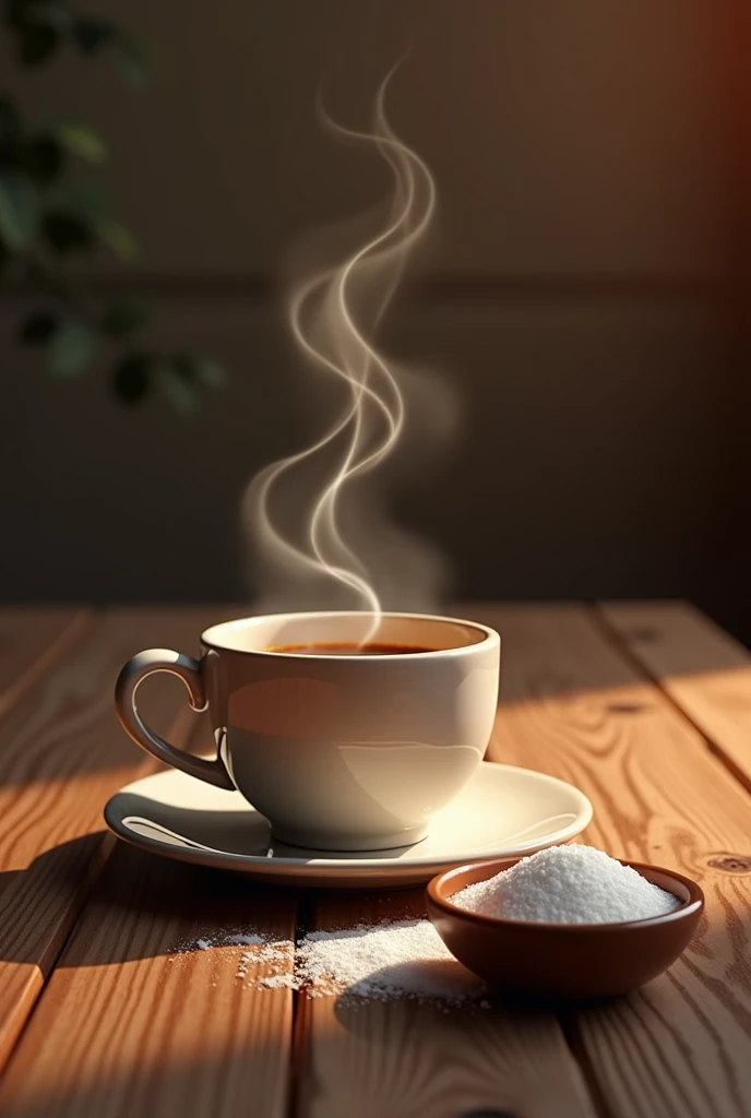 Hot Coffee cup, table, sugar bowl with sugar in it