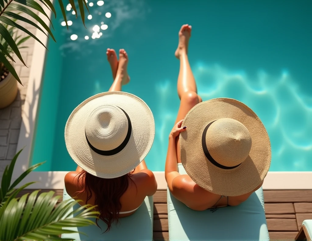 A 2 woman on vacation, lounging by the edge of a swimming pool. She is seen from above, wearing stylish sunglasses and a large, wide-brimmed straw hat that shields her from the sun. Her legs are extended, with her feet dipped in the clear blue pool water. The sunlight casts soft shadows around her, highlighting the relaxing atmosphere. The surrounding area includes hints of tropical plants and a poolside deck, adding to the serene vacation vibe.