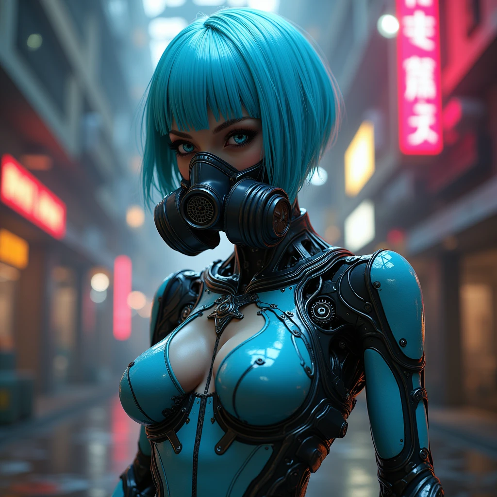 General plan, all-body:1.4, a post-apocalyptic cyberpunk android with short blue hair, an extremely large and perfectly shaped bust, a provocative pose, gas mask, detailed facial features:1.5, texture skin, dynamic pose, Action, hyperrealisti, 8k, ultra detaild, work of art, photorrealistic, dramatic lighting, color shift, dramatic depth of field, intricate mechanical details, intricate circuits, Bright neon details, dramatic science fiction atmosphere, film composition