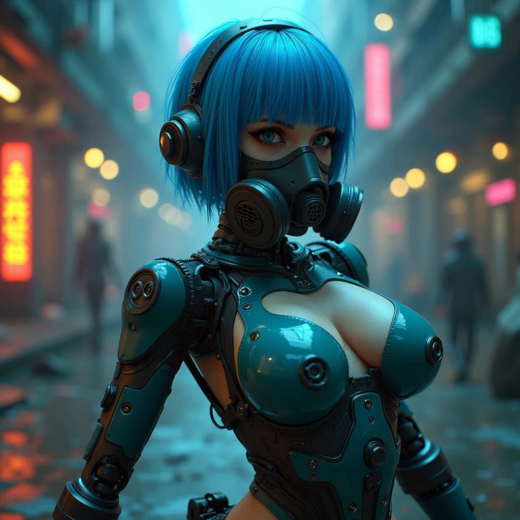 General plan, all-body:1.4, a post-apocalyptic cyberpunk android with short blue hair, an extremely large and perfectly shaped bust, a provocative pose, gas mask, detailed facial features:1.5, texture skin, dynamic pose, Action, hyperrealisti, 8k, ultra detaild, work of art, photorrealistic, dramatic lighting, color shift, dramatic depth of field, intricate mechanical details, intricate circuits, Bright neon details, dramatic science fiction atmosphere, film composition