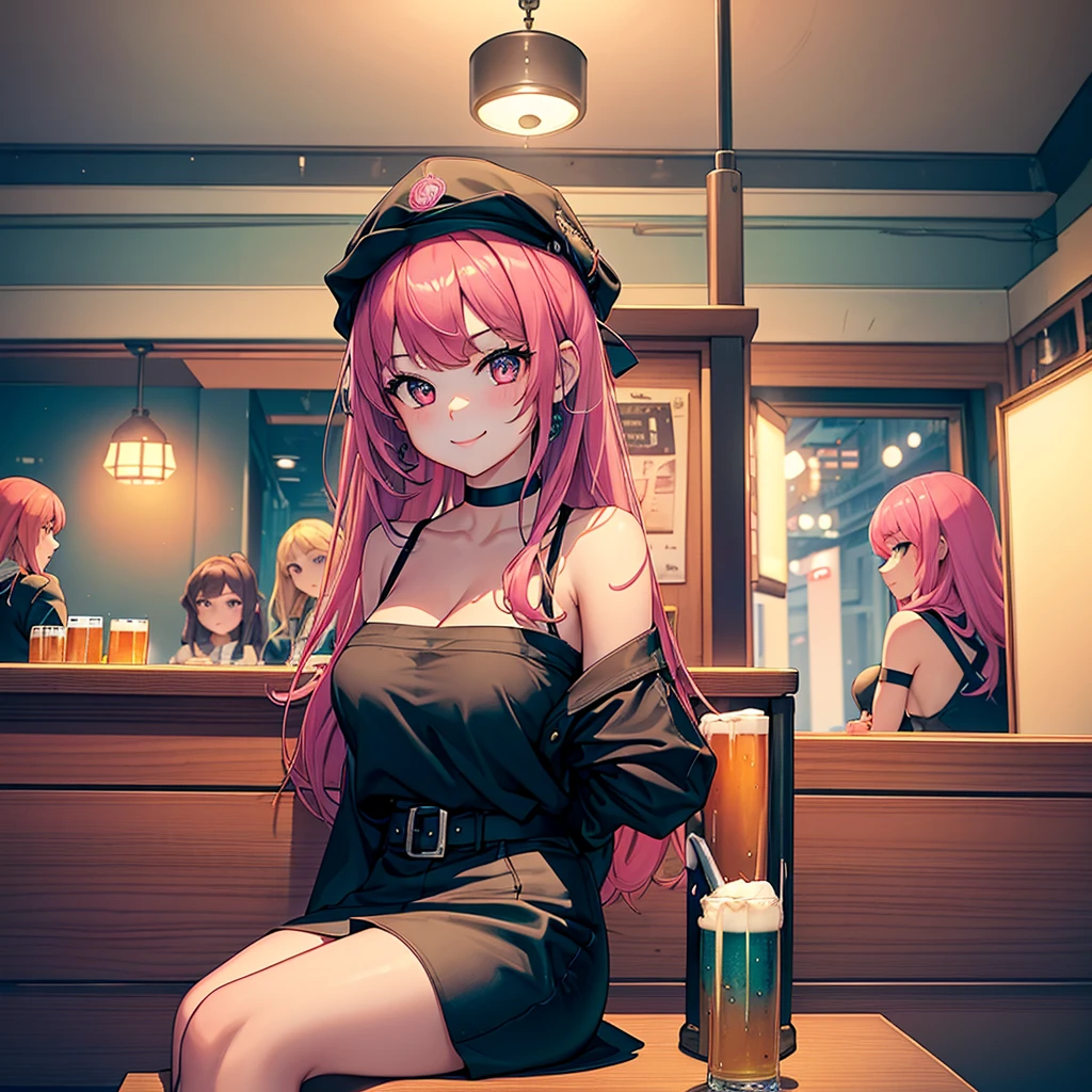 masterpiece, best quality, ((3 girls)), ((multiple women)), ((sitting beside girls)), sitting, ((club background)), pink hair, knowing look, smile, sultry eyes, trendy outfit, ((directly across from viewer)), ((table in front)), table, mug, beer, ((booth seating))