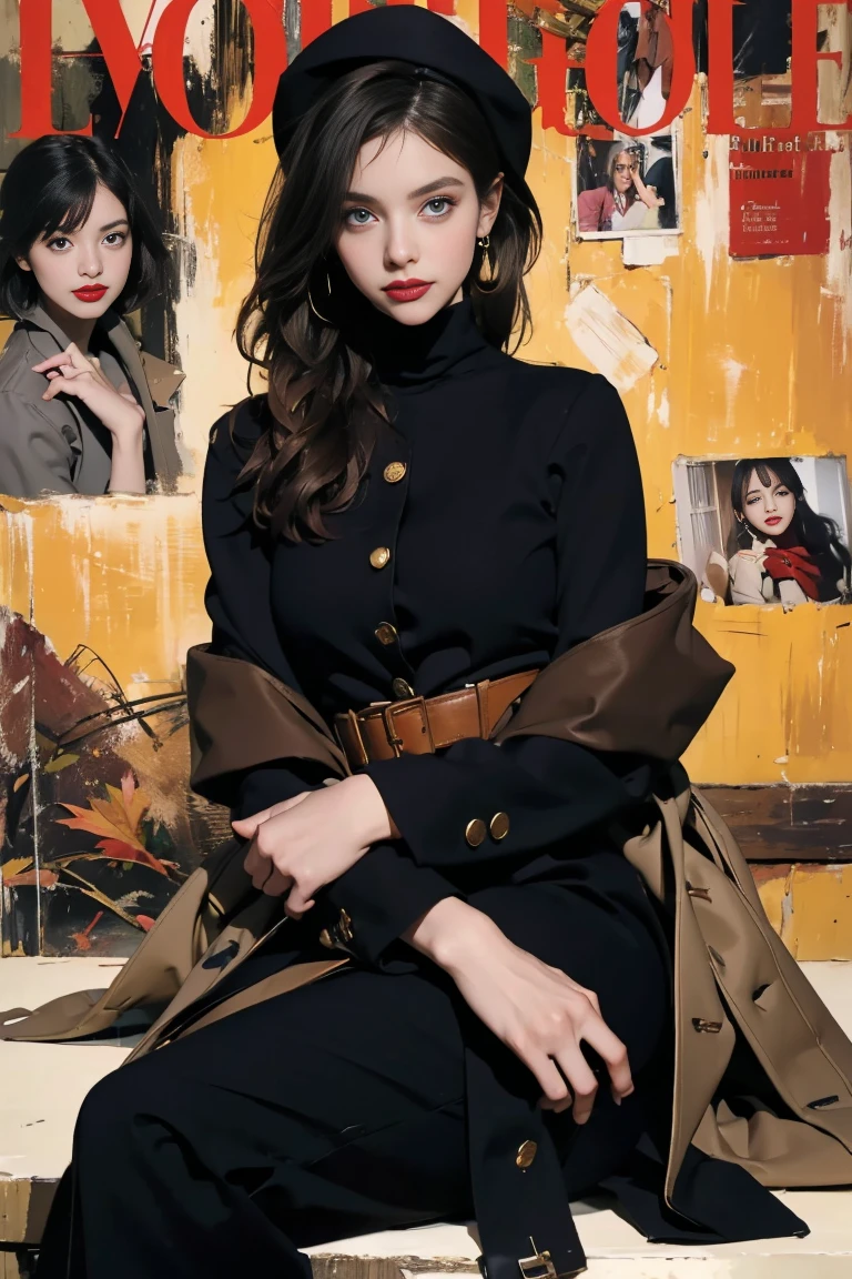 (masterpiece:1.2, best quality), Fall/Winter fashion, Vogue magazine cover, modern chic look, cropped burgundy cardigan, high neck, button-up front with gold decorative buttons, layered over a long-sleeve blouse, high-waisted trousers in deep charcoal, refined silhouette, ankle boots, woolen hat, perfect for chilly autumn days, (model in a stylish street setting, crisp lighting, autumn leaves in the background).
