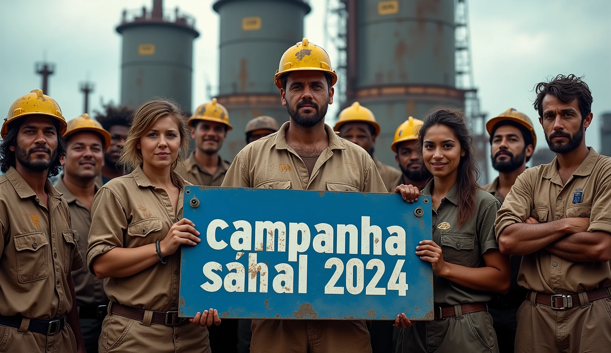 A striking depiction of Brazilian metalworkers, men and women, standing strong in front of a modern factory with large buildings. Dressed in dirt-streaked uniforms and safety helmets, their faces and hands smudged with grime, they face the camera with unwavering determination, holding a blue and white text banner with the phrase "Campanha Salarial 2024" in Portuguese. The scene captures the spirit of unity and struggle for workers' rights, with the dirt and sweat adding to the authenticity of their effort.