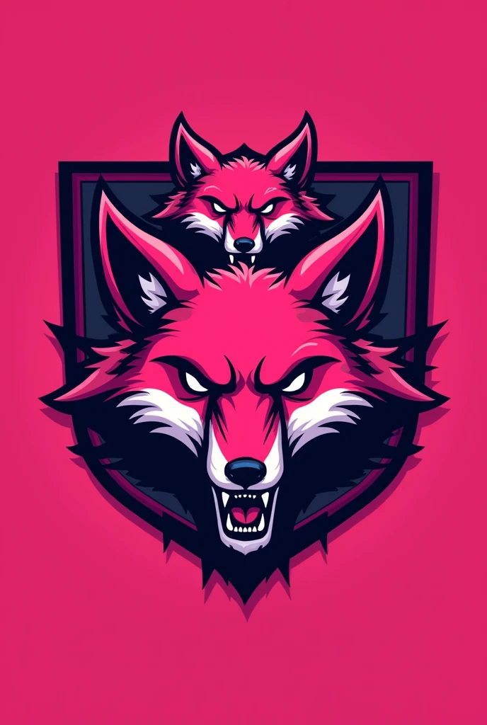 Sports logo of a room in competitive games, the color of the room is pink, and must show the mascot which are three pink foxes, a little aggressive, showing the competitiveness and determination of sports games