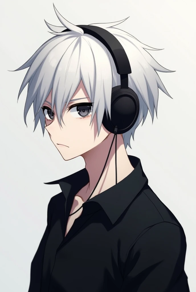 Make a male anime profile picture white hair black eyes black shirt black headphones short hair