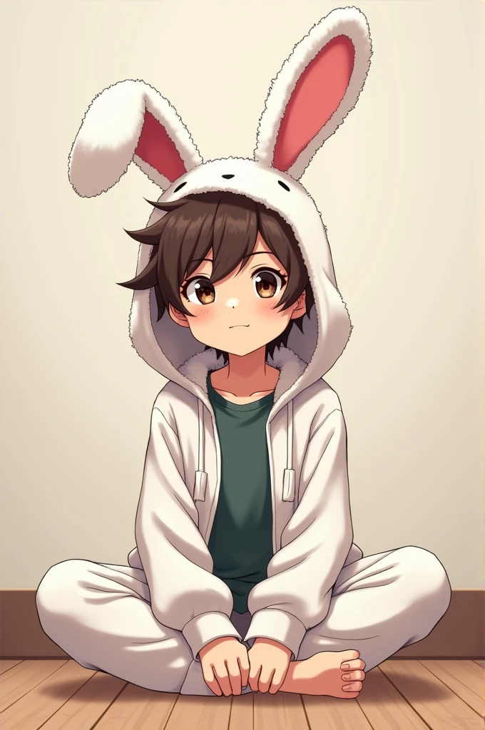 a seventeen year old anime boy, with thick brown hair, wearing an open bunny suit, sitting on the floor and looking at you