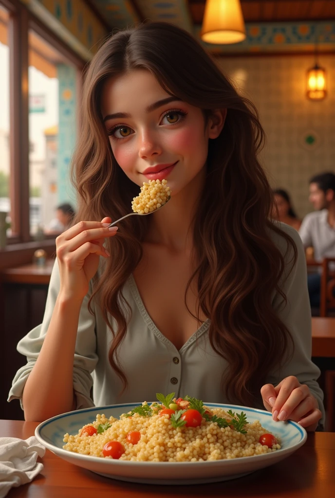 Girl with long wavy brown hair eating a couscous, algerian dood in algerian bar, realistic, HD