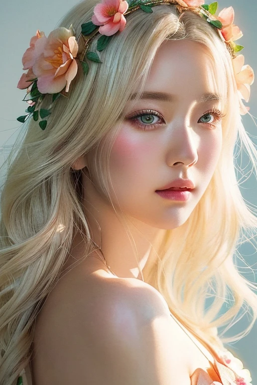 Blonde woman with flower crown and a peach in her hair, guweiz style artwork, beautiful digital illustration, 🌺 society, guweiz, awesome digital illustration, loish and wlop, realist artstyle, Girl with white hair, beautiful digital painting, beautiful digital artwork, aesthetic portrait, Detailed beauty portrait, realist. Cheng Yi, beautiful digital painting