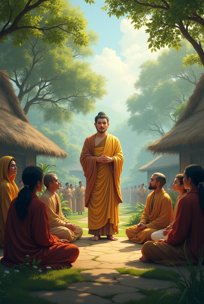 Buddha delivering a discourse on the importance of education to the villagers. Illustrate Buddha speaking with gentle authority while the villagers listen intently. Include a focus on the moment when a woman asks about educating her child."