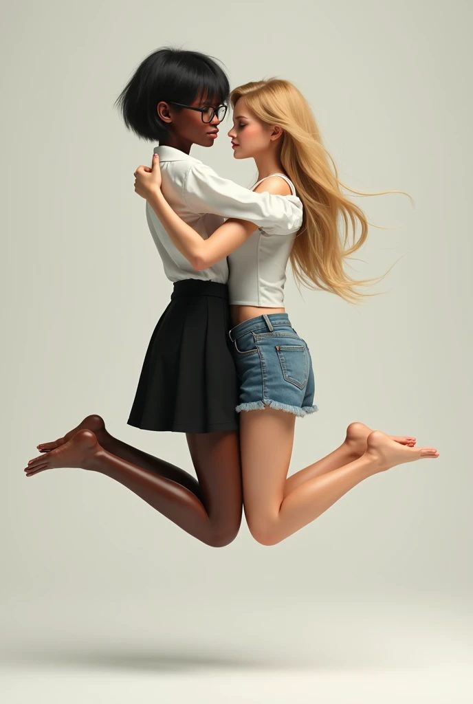 Create a realistic image of a young woman, very thin, short stature, with black and dark skin, wearing a white shirt and black skirt and glasses, lifting himself off the ground by the waist and lifting his body high into the air and kissing a young woman of 25 years of age, with light white skin, blonde hair long, slim body, wearing a white top and short denim shorts