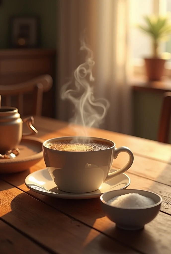 Hot Coffee cup, table, sugar bowl with sugar in it, in house