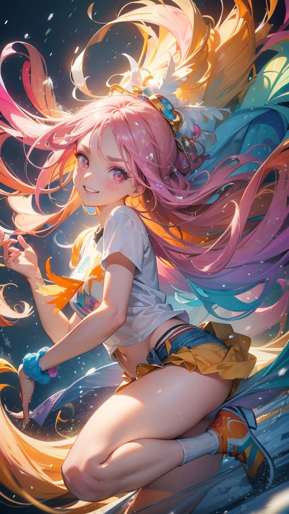 Masterpiece, best quality, one smiling girl, colorful light background, (snow falling) ((swirling swirls, colorful hair)), wearing white shirt and denim shorts, ((long hair)), ((right side)), emotional face, full body, studio light, studio, (((makeup portrait, pink eyeshadow))), ((golden and orange swirling swirls on face, colorful snow, lots of feathers)), bold pose, shot from different angles