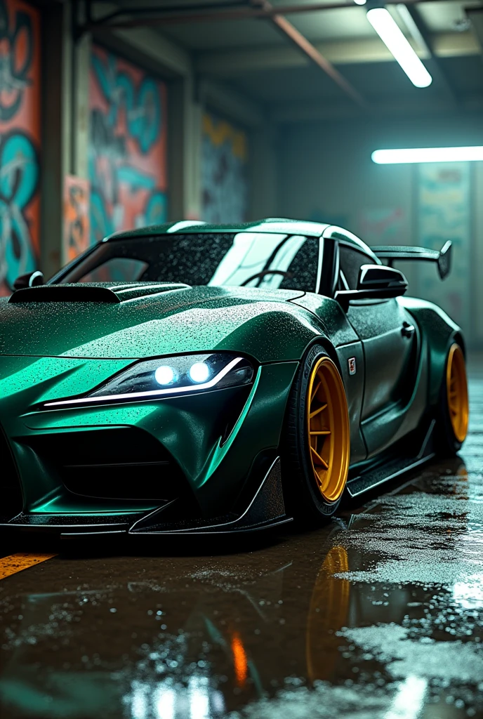 can u make a dark green supra mk 5 with bodykit in midnight graffiti garage with wet floor neon lights and yellow tires with flames. make the vehicle photo from right angle

