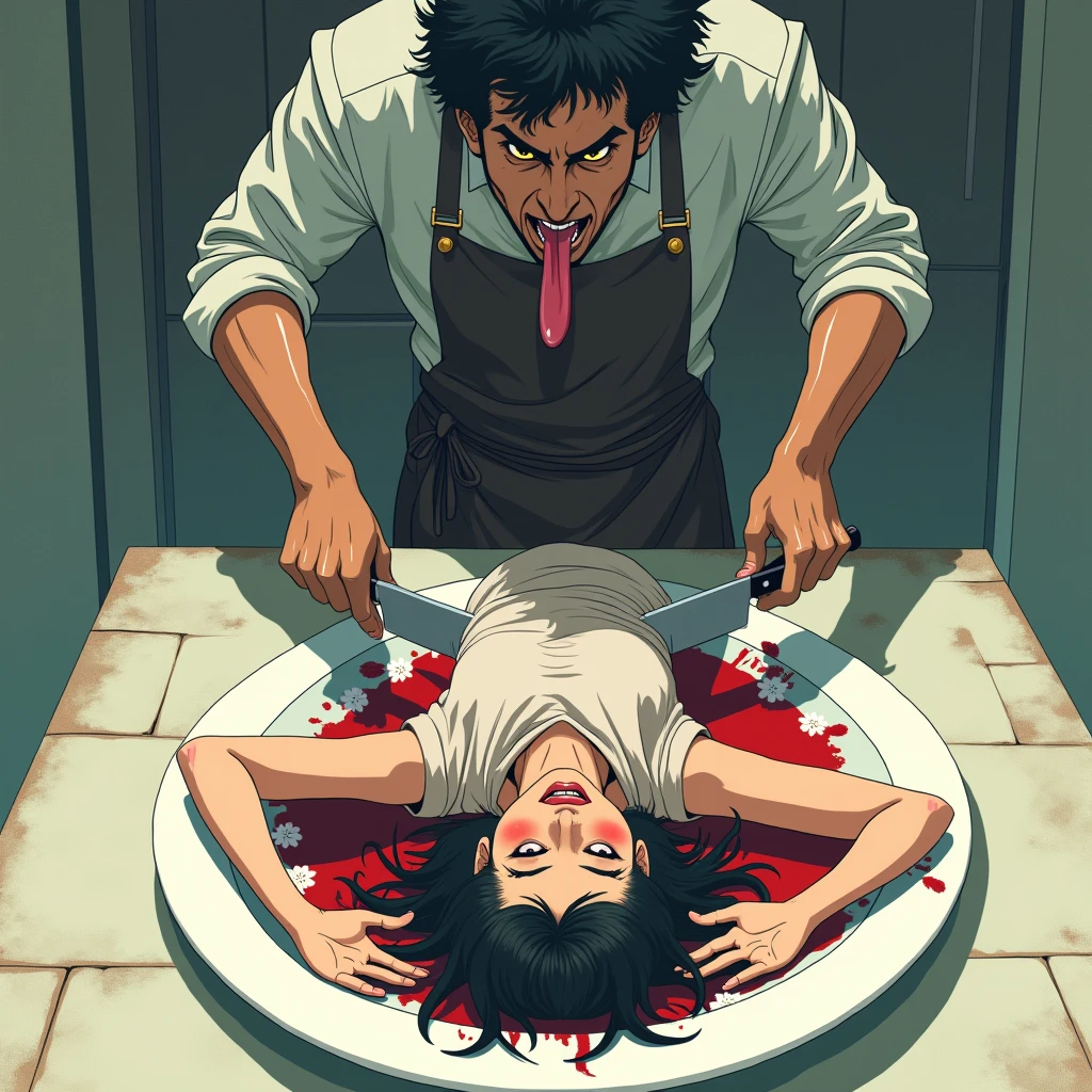 A girl lies on a large plate, and next to the plate stands a guy in a chef’s apron, sharpening knives and licking his lips in anime style