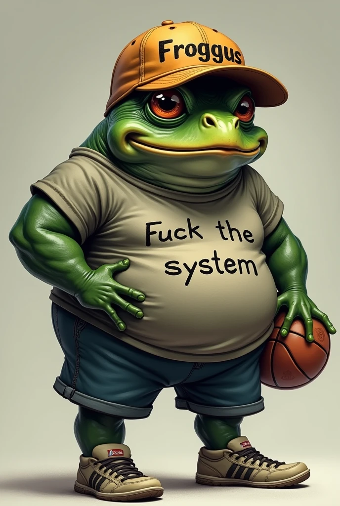 a black dark frog, humanoid, wearing a cap with 'Froggus' embossed on it, uma T-shirt com a frase 'Fuck The System' escrita, shorts and sneakers.Furthermore, the frog is chubby and a basketball fan