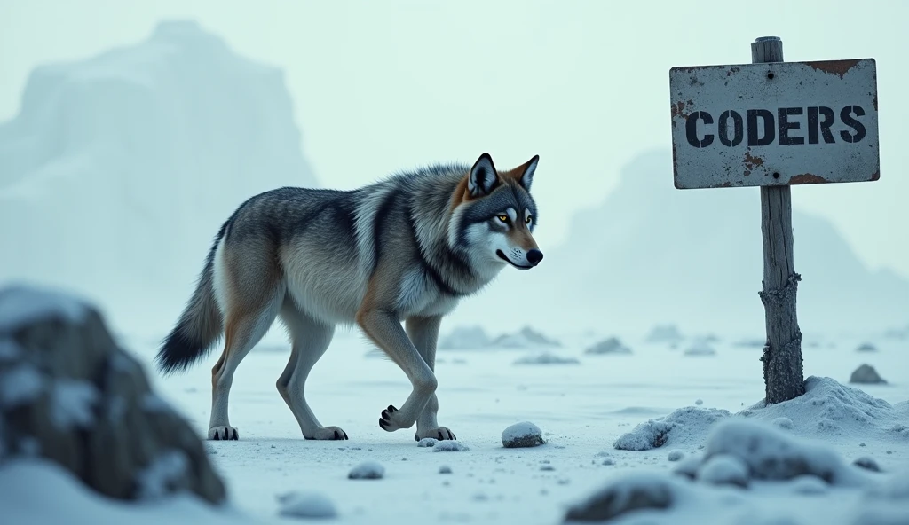 detailed alpha wolf, tundra landscape, a sign that says "C0ders", cinematic lighting, dramatic composition, volumetric fog, muted color palette, hyper realistic, octane render, 8k, highly detailed, photorealistic. Difumina al lobo y enfoca el letrero.