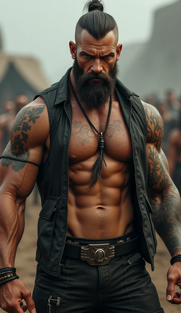 den, cock, solo, male, adult, veiny muscles, defined body, toned muscles, dark black pants, terrorist, bandit, criminal, pirate, serious look, fierce look, small eye, hairy body, hairy, detailed background, wild background, clear weather, realistic, photorealistic, ultra realistic, 8k, bare chest, black nipples, tight crotch, shirtless, utility belt, shiny skin, torso tattoo, long feathers, unbuttoned black vest