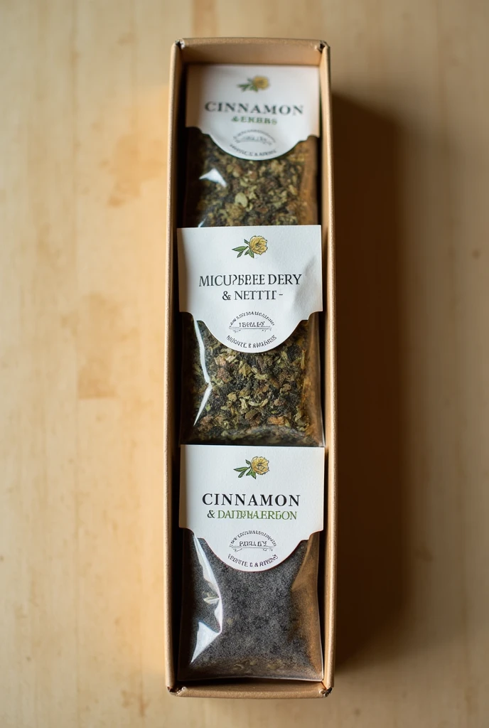 Make me 3 tea bags, one of blueberry and nettle, one of insulin and the last of cinnamon and dandelion and arrange the 3 bags in a narrow horizontal box where the ingredients of the tea bags come out IN TEA BAGS OF THE TYPE THAT YOU PUT IN HOT WATER AND THAT&#39;S IT, THE TEA OF THE SMALL ONES THAT ARE NOT LARGE