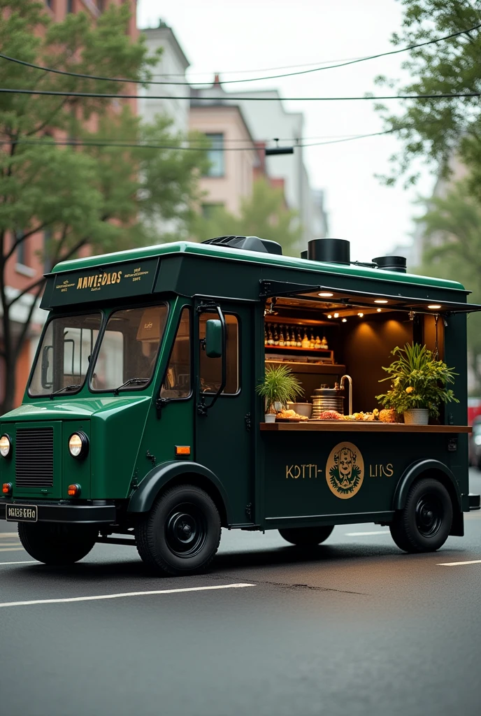 Food truck de color negro, green and white and green brown logo