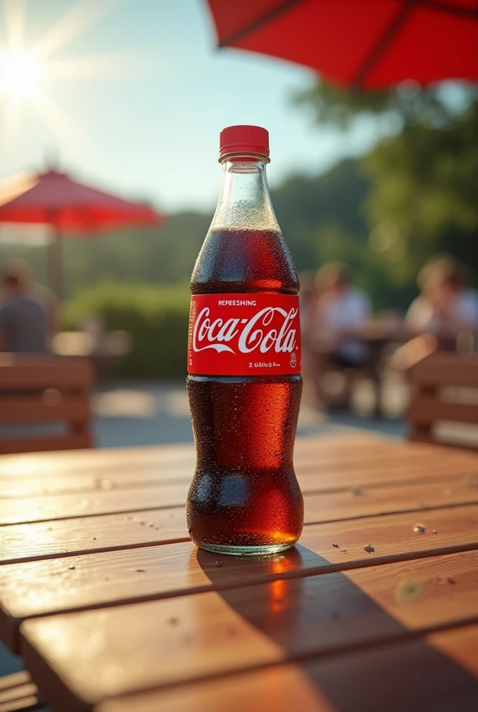 Create an image of a cold 2-liter Coca-Cola, placed on a nice wooden table outdoors with people in the background which will also be blurred.
Let the bottle be on the side of the image, not in the middle. Consider the position I want for the bottle that I have indicated to you..