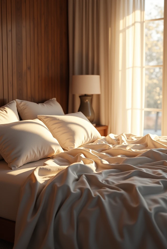 Think of a modern and cozy room, illuminated by a soft, warm light. In the center there is a large bed, with light-colored sheets that fall gently over the sides. About her, drops of water fall, as if a gentle rain had fallen right in that intimate space. The sheets have a subtle sheen and wrinkle slightly under the weight of the drops., creating a sensual contrast between dry and wet.