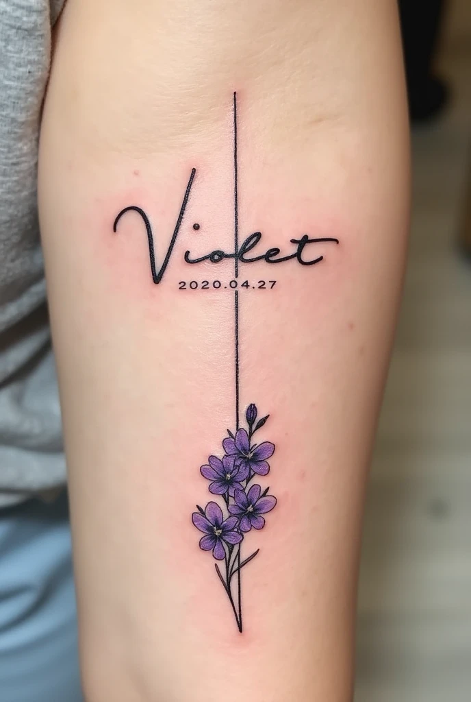Linear tattoo in the shape of a cross where the line from bottom to top is formed by the name Violet. And below the T a violet. The line from right to left is formed by the date 2020.04.27 example:
V
I
-----O-----
L
E
T
