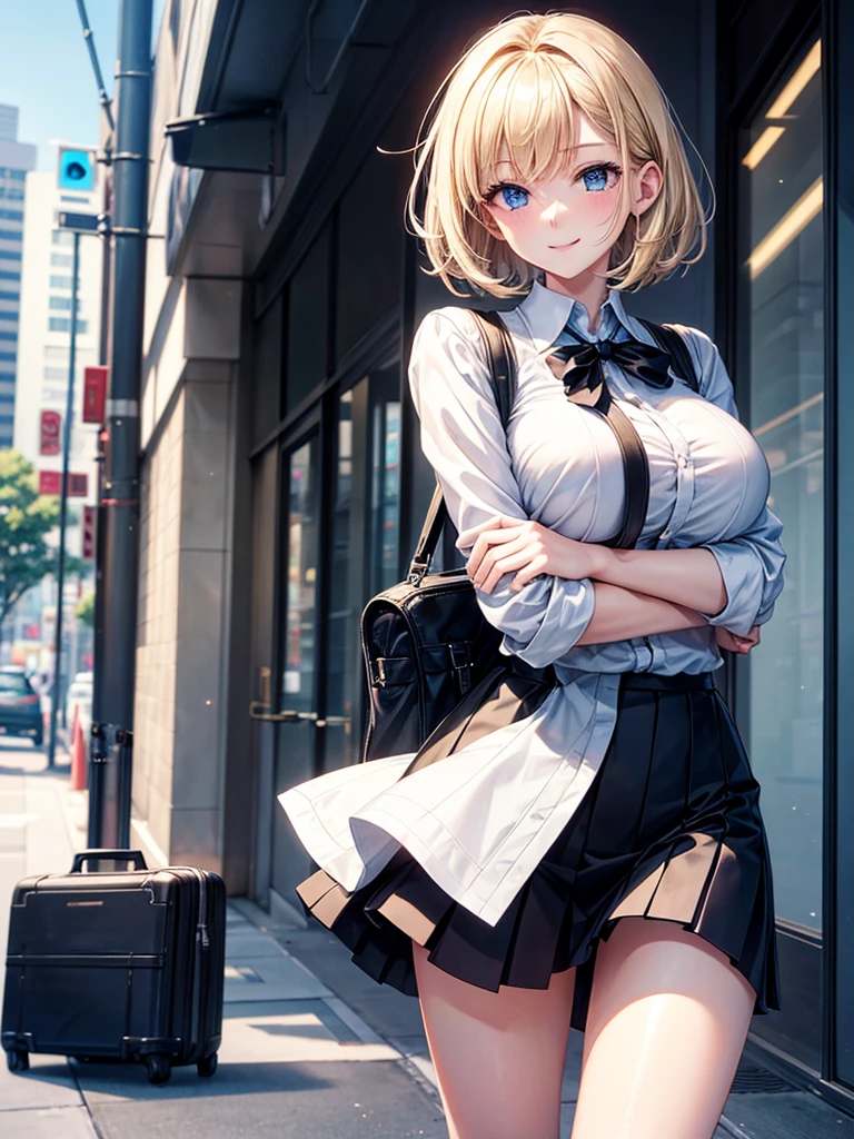Anime style, super fine illustration, highly detailed, beautiful detailed, pale tone image, static representation, gentle expression, happy expression, 8k, pretty 1girl with blonde straight short hair & blue eyes & a bright smile & full bust & soft fair skin is wearing big white business shirt not to show her skin & black tight skirt & 1business bag, on the business building morning street, in the morning, brilliant particles of lights, happy stories, solo, perfect fingers, perfect arms, perfect legs, masterpiece.