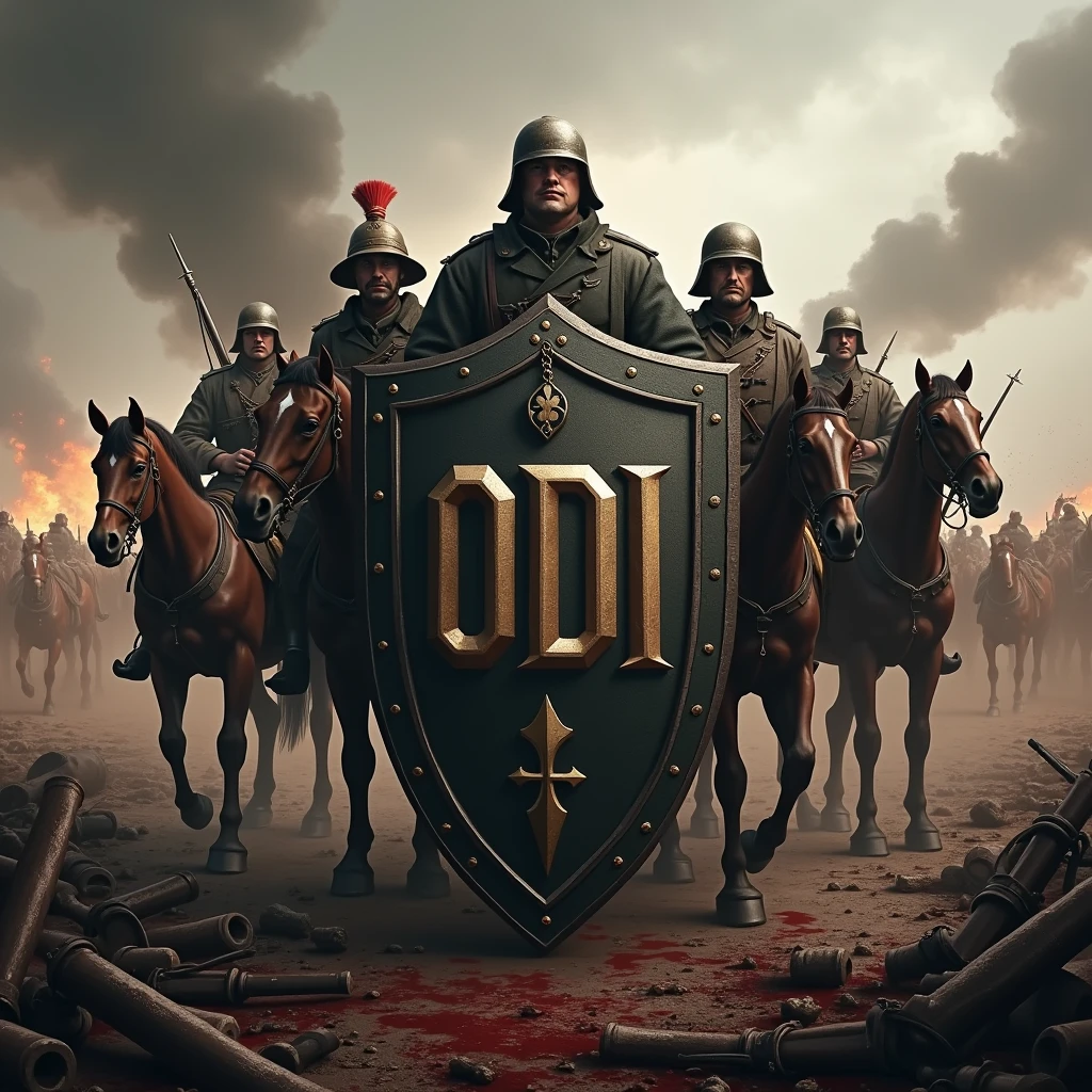 Shield with the name ODI in capital letters, in a war environment with soldiers from the First World War behind, horses and weapons, blood and explosions