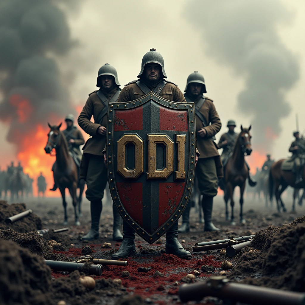 Shield with the name ODI in capital letters, in a war environment with soldiers from the First World War behind, horses and weapons, blood and explosions