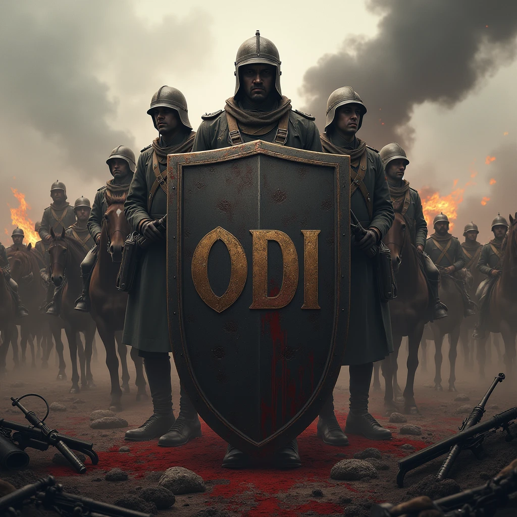 Shield with the name ODI in capital letters, in a war environment with soldiers from the First World War behind, horses and weapons, blood and explosions