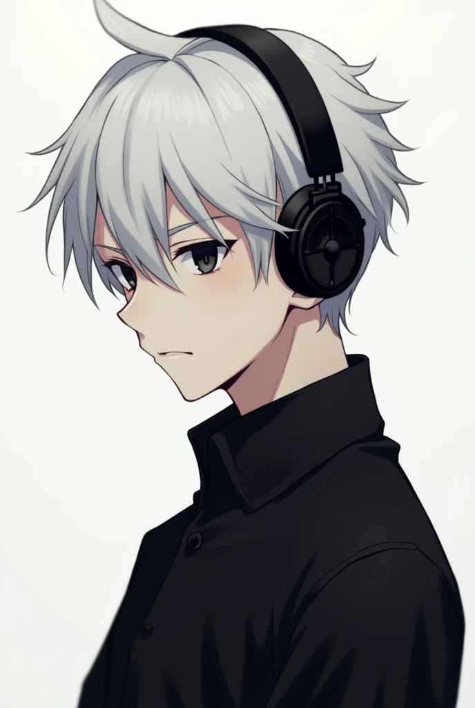 Make a male anime profile picture white hair black eyes black shirt black headphones short hair