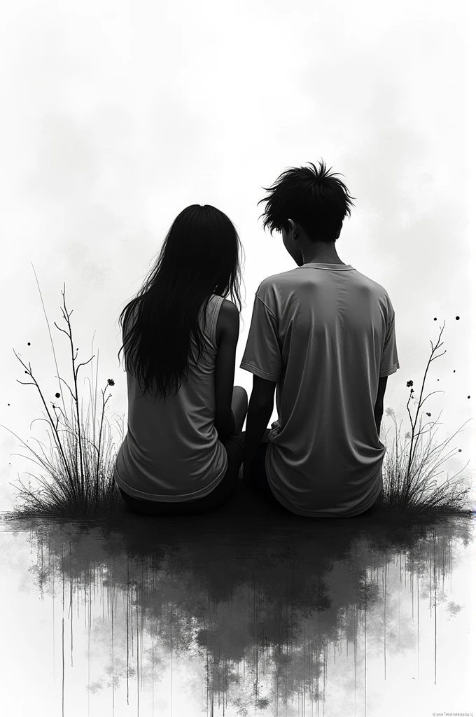 Two people sitting in black and white (that there are scribbles around them)