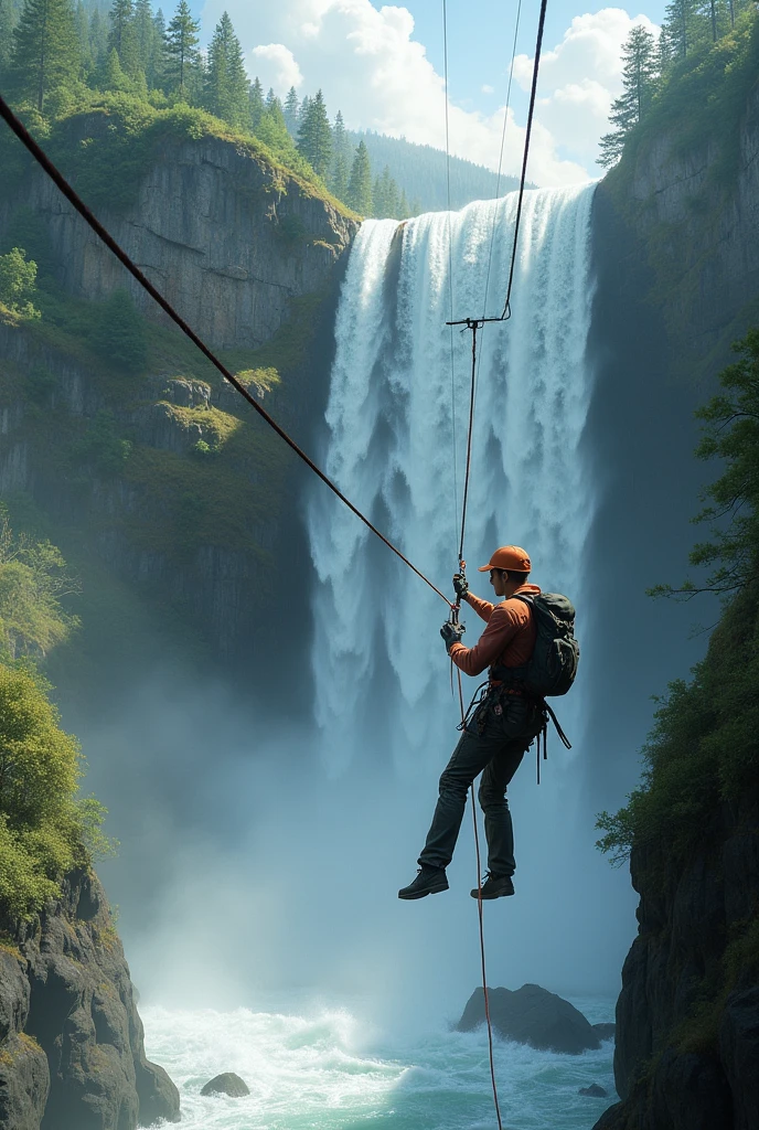 Man make zip line in waterfall