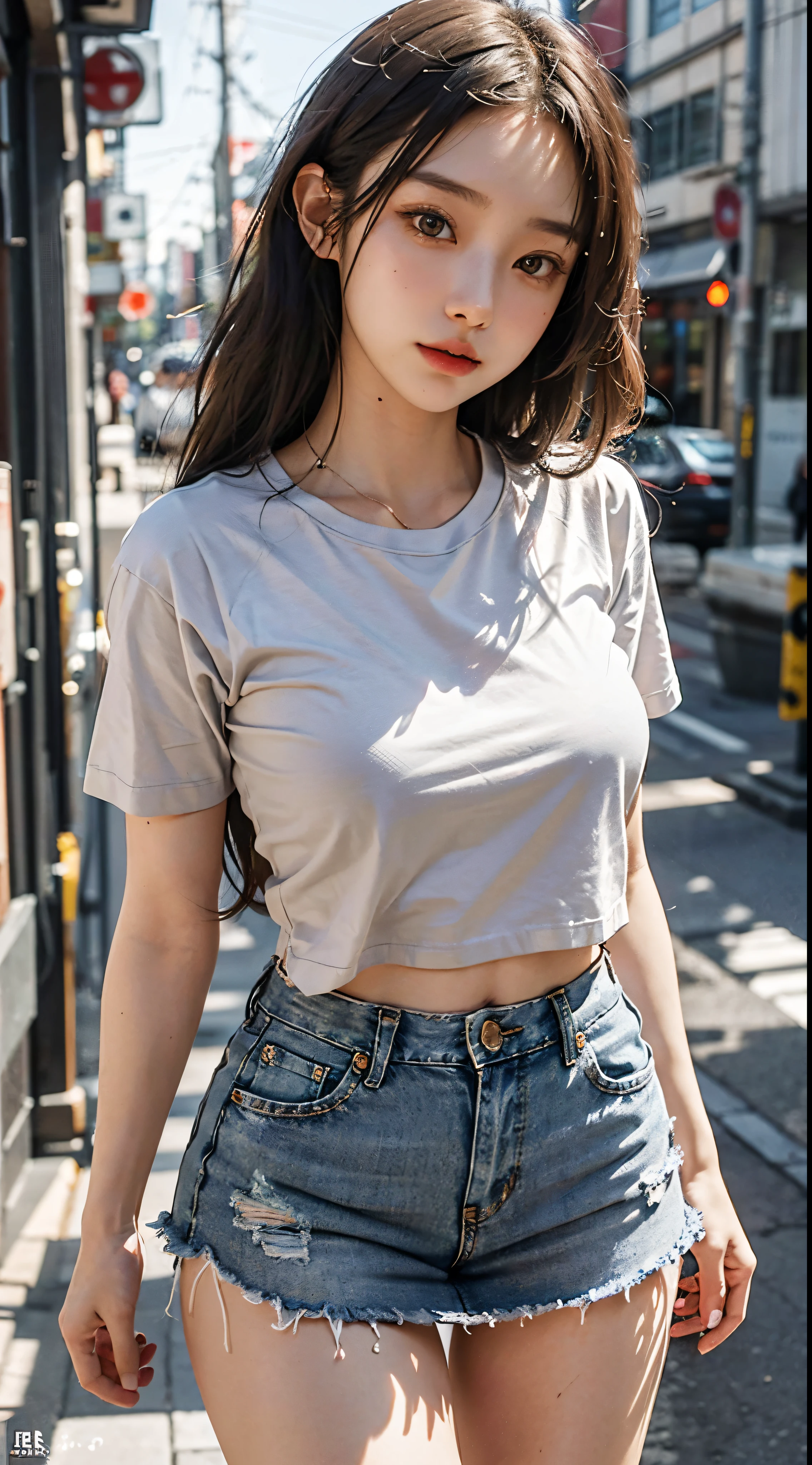 Japanese Girls,Beautiful Girlfriend,Beauty,Raw photo,8k,Morning Sun,Gray T-shirt and jeans miniskirt,sleek long hair,Black-haired,Detailed face,Detailed skin,Detailed eyes,(The body is slim:1.3), Girls,About 2,